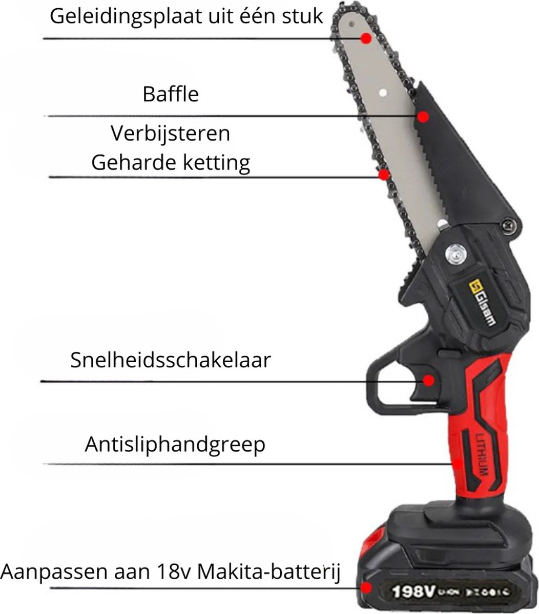 GISAM - Elektrische Kettingzaag - Oplaadbaar - 2 Batterijen - 6 Inch - Red
