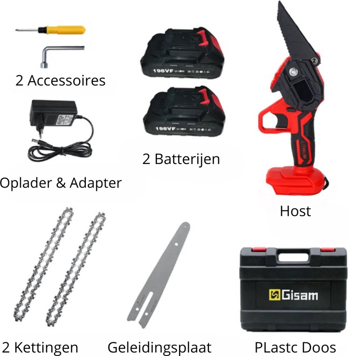 GISAM - Elektrische Kettingzaag - Oplaadbaar - 2 Batterijen - 6 Inch - Red