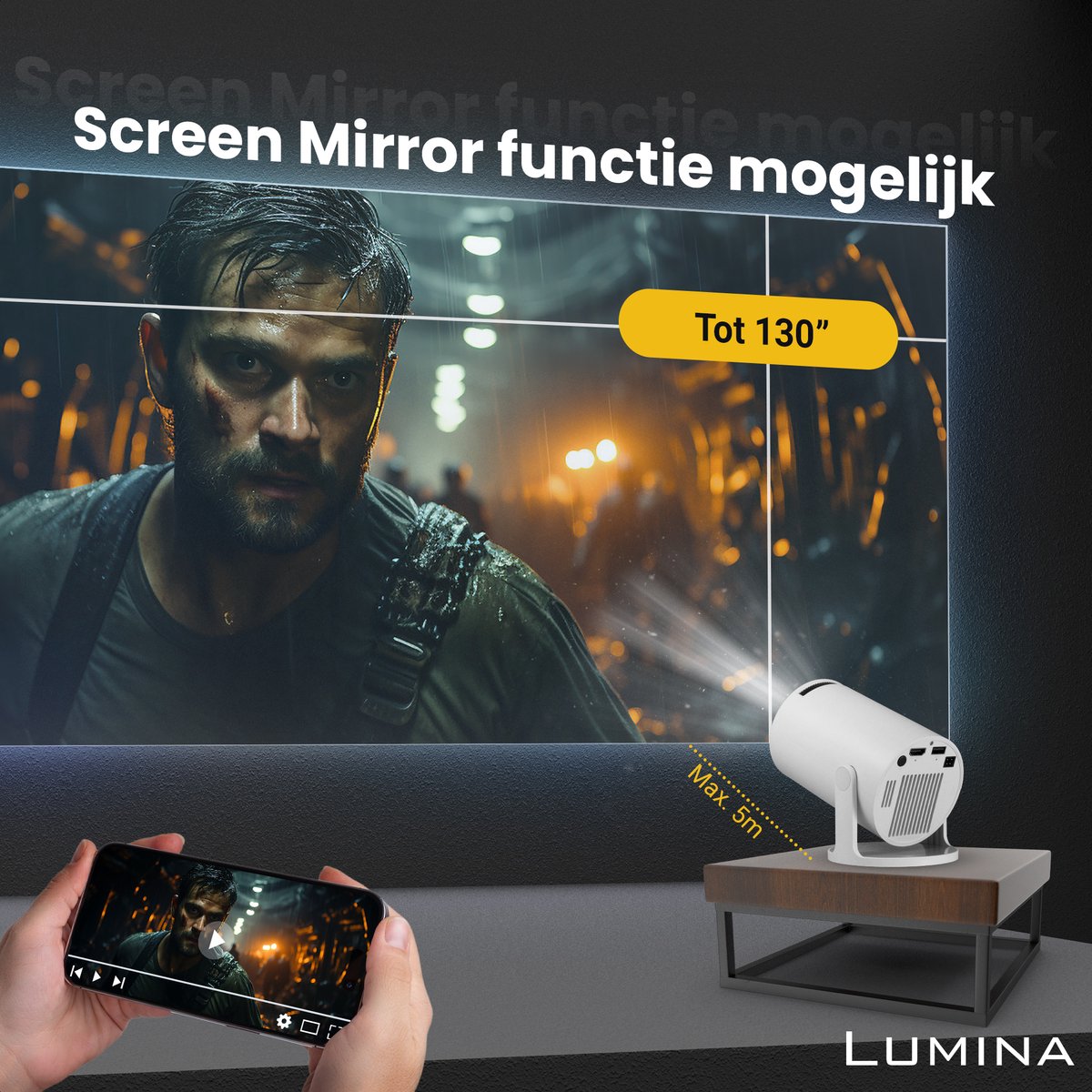 Novabeam® Pro Mini Beamer 2025 – Smart Projector met 4K-ondersteuning – Voor iOS & Android - Android 14 - WiFi 6 & Bluetooth 5.4 – Thuisbioscoop – Wit